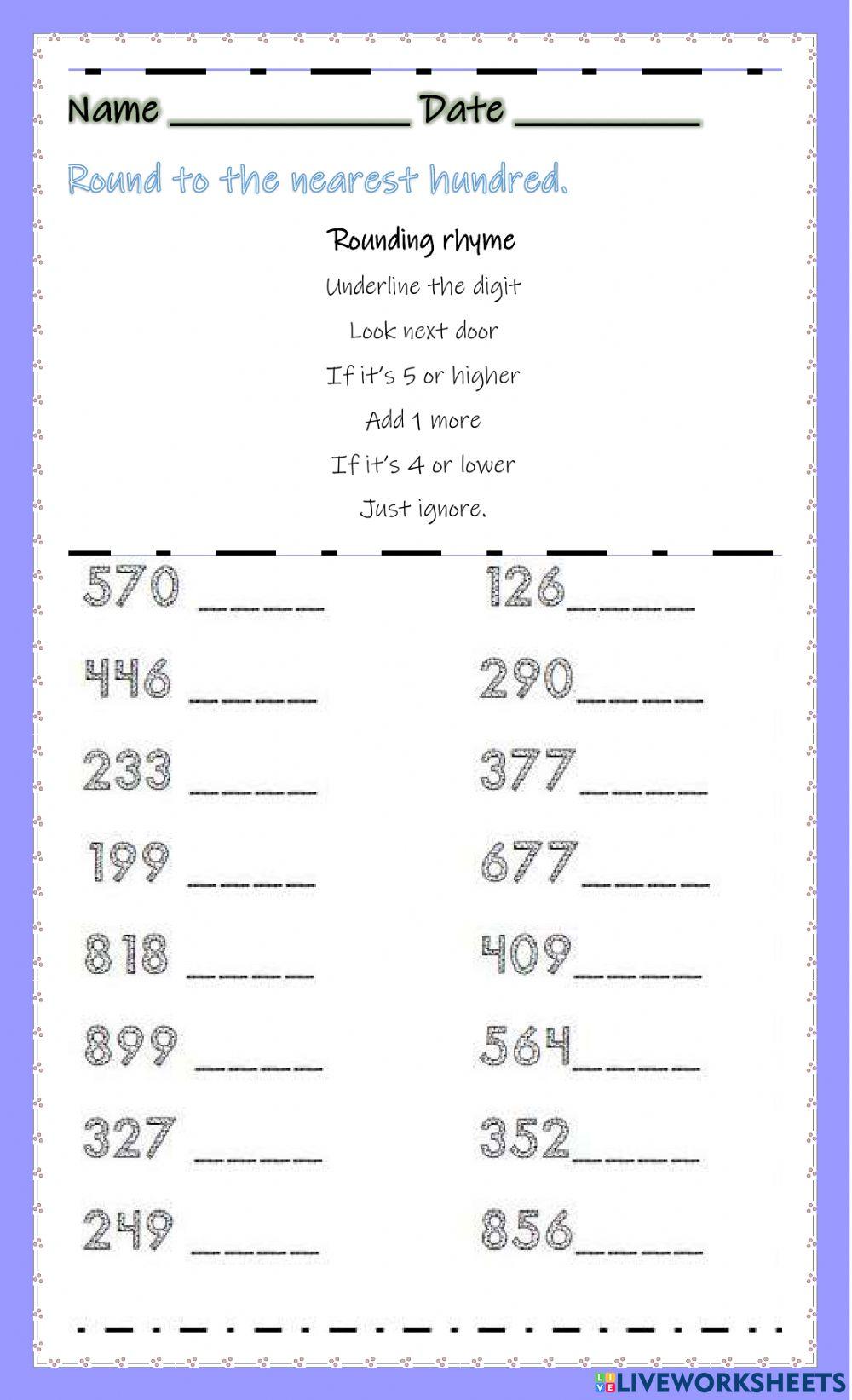 Rounding To The Nearest Hundred Activity Live Worksheets